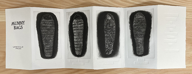 "Mummy Bags," Book (lead type cover, mezzotint images),  9 1/2" x 30," by Gary Kachadourian